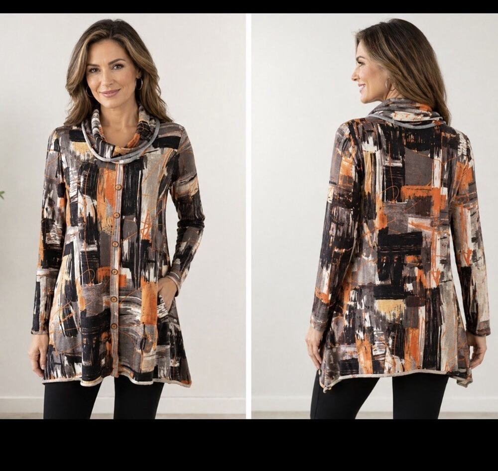 Pure Essence Tunic Top Womens M Abstract Geometric Cowl Neck Stretch Orange Gray